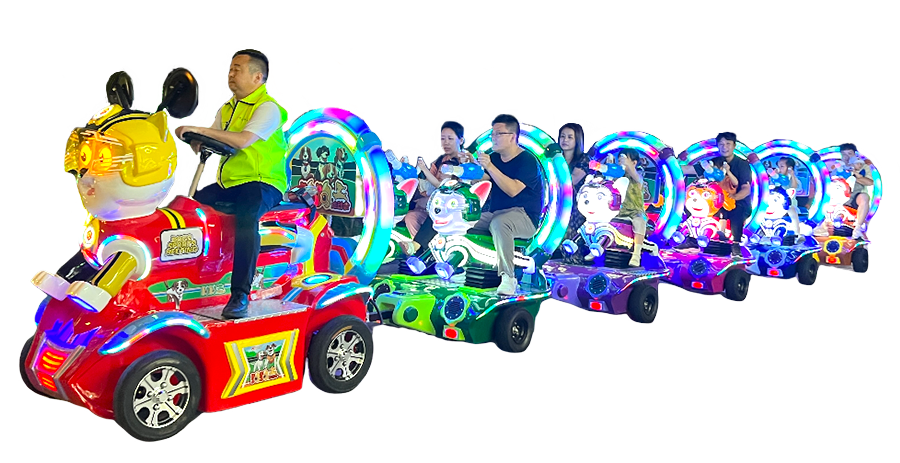 Versão temática do Trem Mágico com carrinhos de cachorrinhos